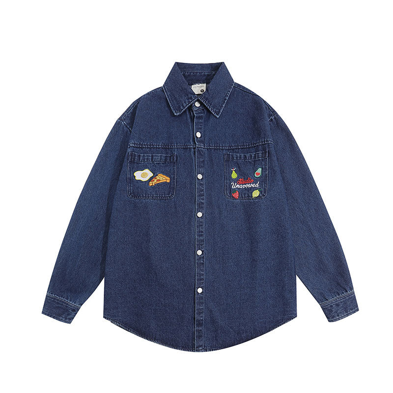 Long Sleeved Shirt Retro College Style Denim Lining Distressed
