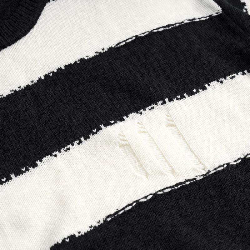 Men Sweater Striped Crocheted Ripped Crew Neck Sweater