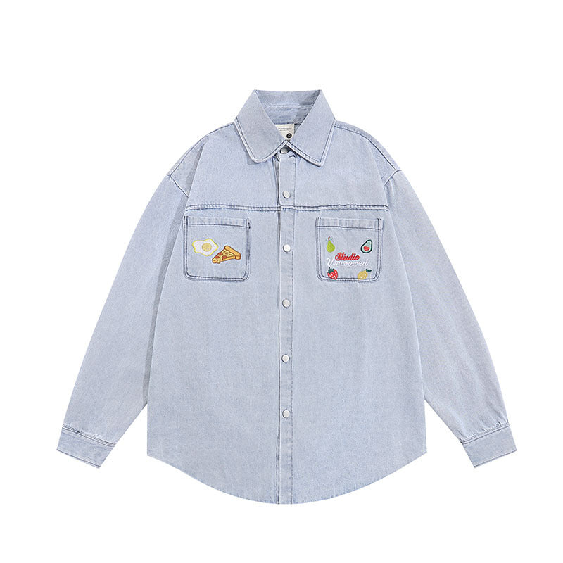 Long Sleeved Shirt Retro College Style Denim Lining Distressed