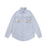 Long Sleeved Shirt Retro College Style Denim Lining Distressed