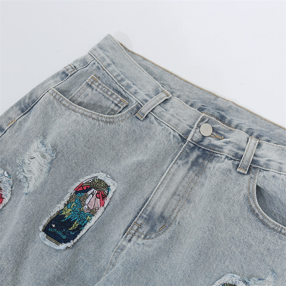 Men Jeans Embroidery Ripped Special Loose