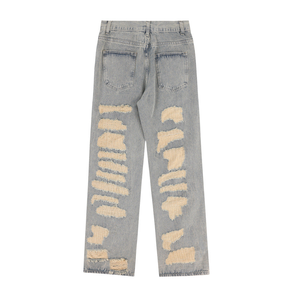 Men Jeans Ripped Embroidery Loose