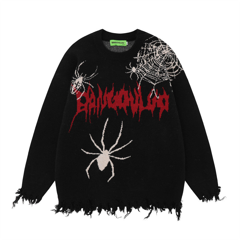 Men Sweater Spider Web Printed Sweater Loose Niche Ripped Knitted Sweater