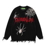 Men Sweater Spider Web Printed Sweater Loose Niche Ripped Knitted Sweater