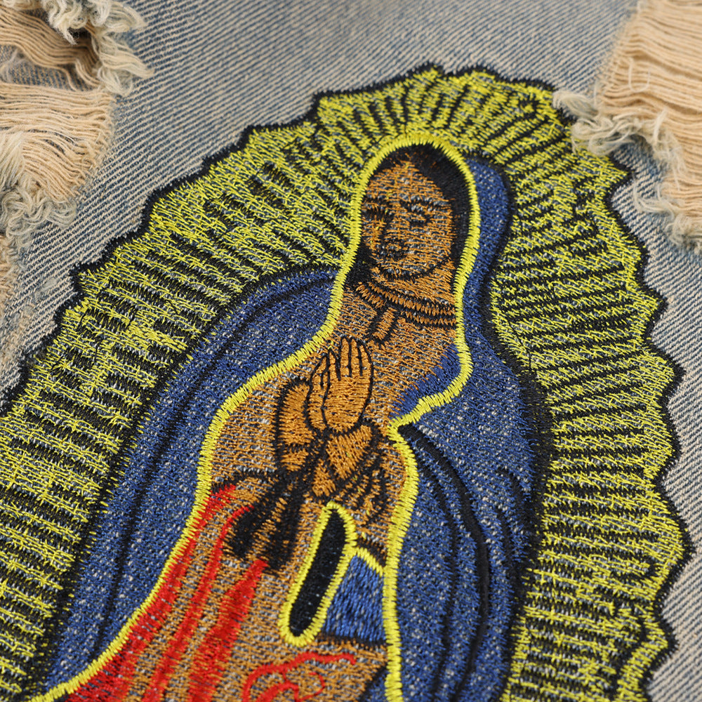 Men Jeans Ripped Embroidery Loose