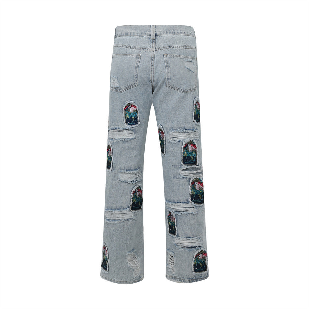 Men Jeans Embroidery Ripped Special Loose
