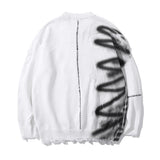 Men Sweater Graffiti Printing round Neck Knitted Ripped Sweater Loose