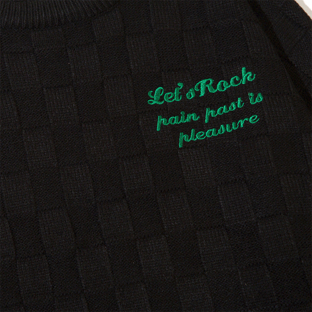 Men Sweater Cross Embroidered Ripped Plaid Jacquard Knitted Sweater