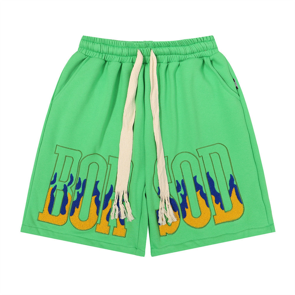 Men Shorts Flame Embroidery Sports Loose Leisure