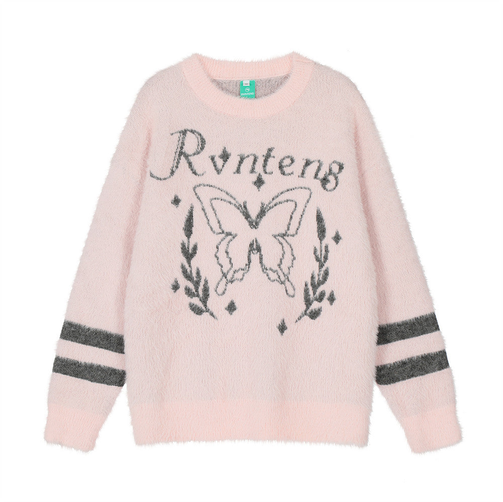 Men Sweater Velvet Padded Sweater Butterfly Jacquard Thickened Sweater