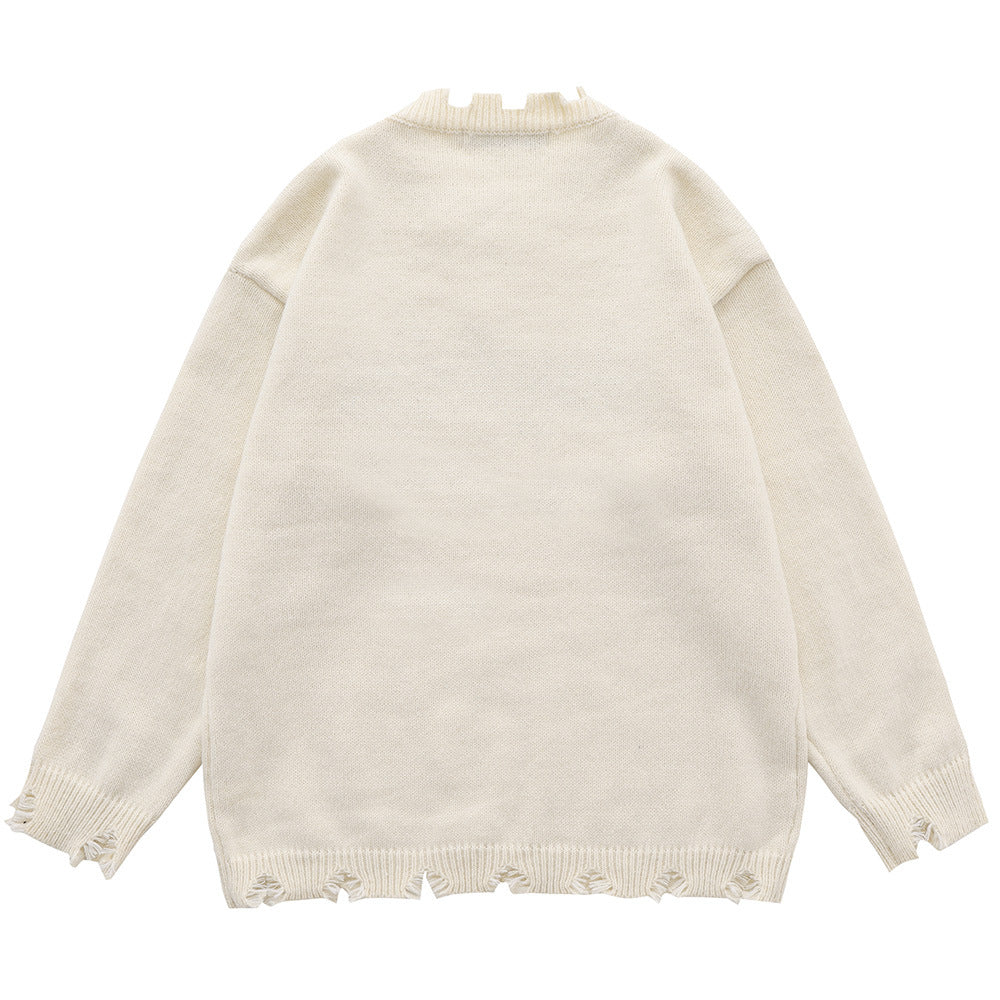 Men Sweater Simple Handmade Ripped round Neck Sweater Loose