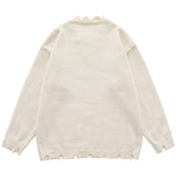 Men Sweater Simple Handmade Ripped round Neck Sweater Loose