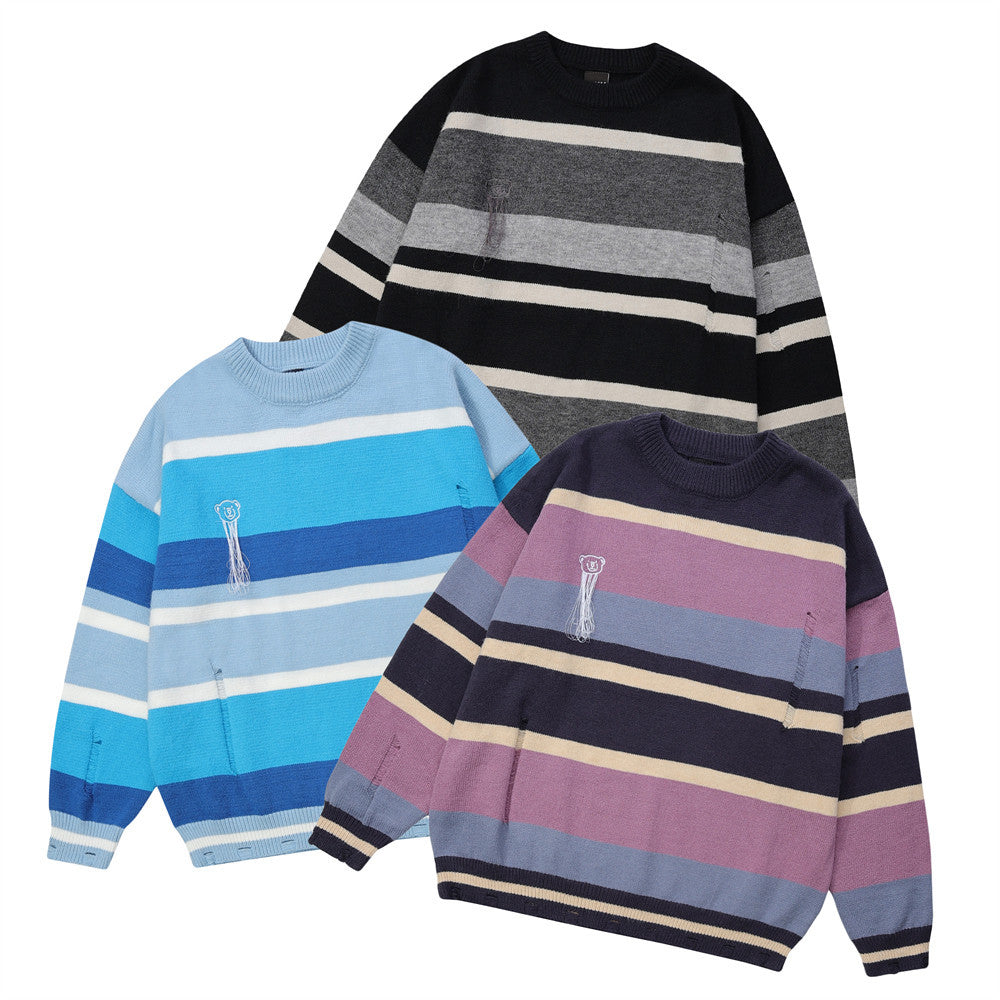 Men Sweater Striped Sweater Loose Leisure Ripped