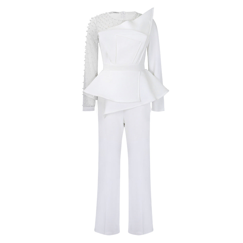 Women Co-Ords Long Sleeve Temperament Mesh Stitching Jumpsuit