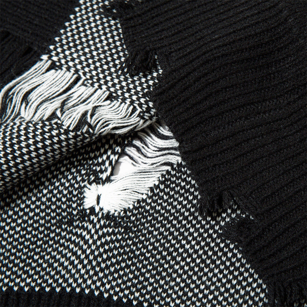 Men Sweater Cross Crocheted Ripped Sweater Loose