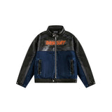 Unisex Coat PU Leather Patchwork Denim Jacket Stand Collar