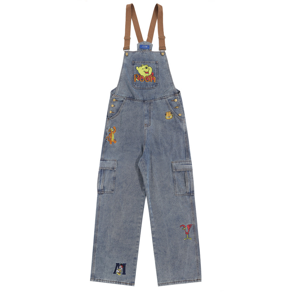 Overalls Men Jumpsuit Embroidered Denim Suspender Pants Fashion Brand Street Tooling Suspender Jumpsuit Straight-Leg Trousers