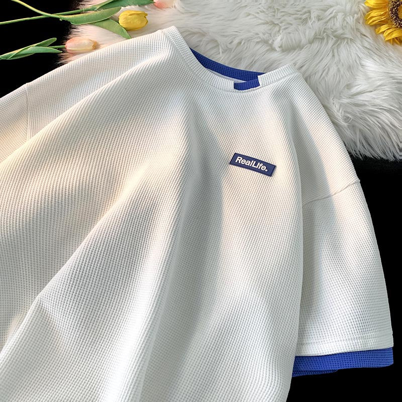 Men T Shirt Waffle Fake Two-Piece Loose