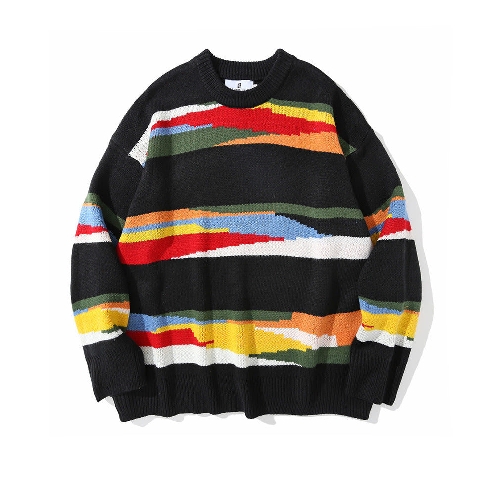 Men Sweater Striped Knitted Sweater Loose round Neck