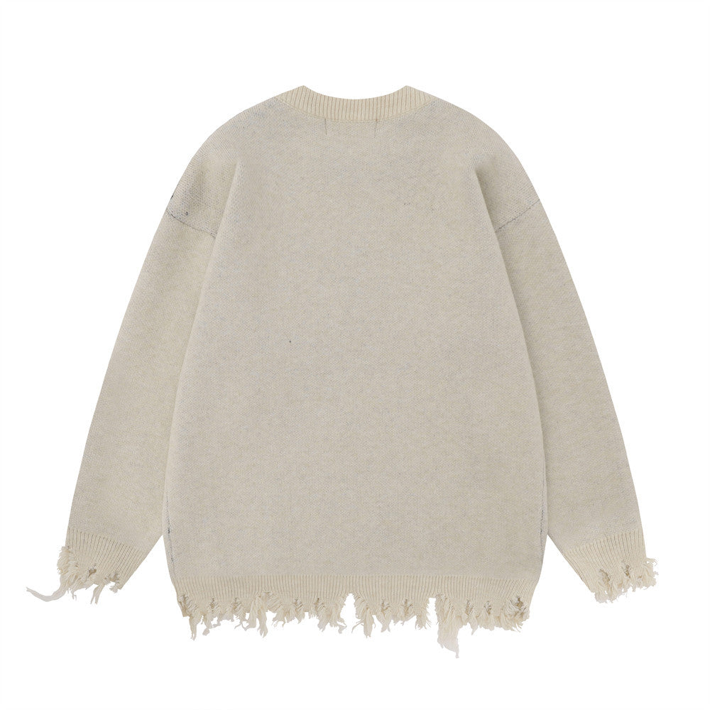 Men Sweater Spider Web Printed Sweater Loose Niche Ripped Knitted Sweater