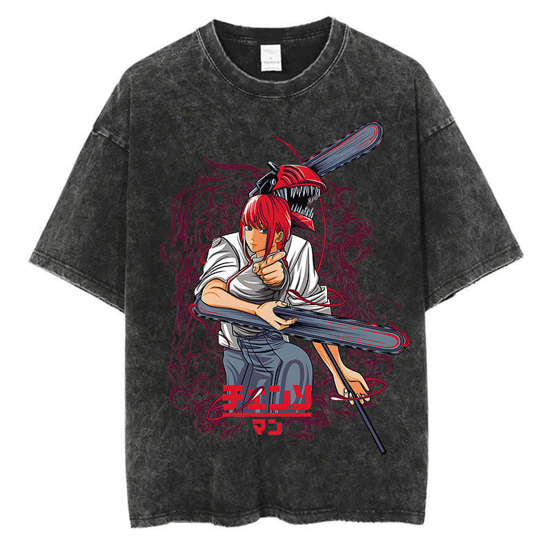 Anime Chainsaw Men Washed Tshirt Retro Hip Hop Streetwear
