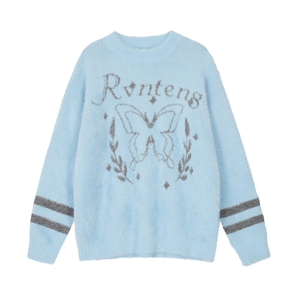 Men Sweater Velvet Padded Sweater Butterfly Jacquard Thickened Sweater