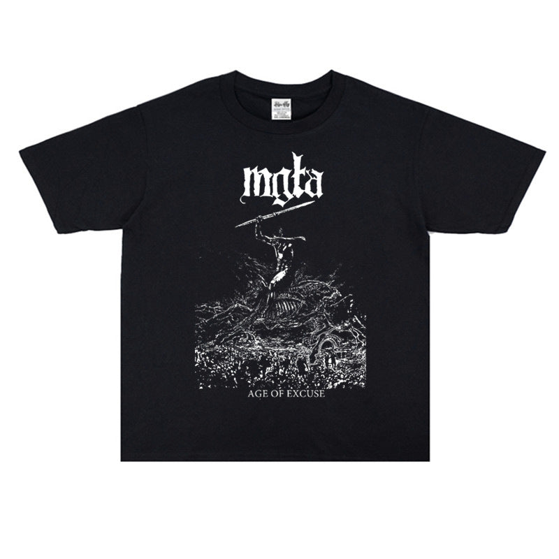 Rock Star T Shirt Mgla Band Washed Distressed T-shirt Short Sleeve Loose Cotton Men and Women