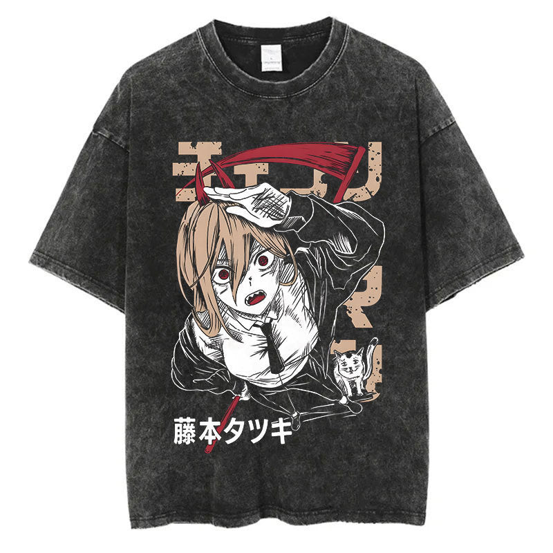 Anime Chainsaw Men Washed Tshirt Retro Hip Hop Streetwear