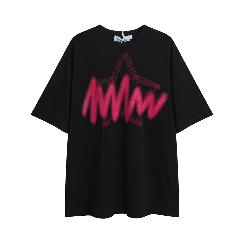 after Prom Shirt Summer Design Five-Pointed Star Letter Print T-shirt Loose Short Sleeve