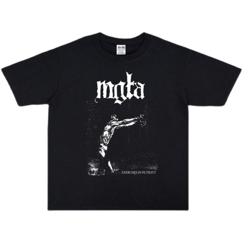 Rock Star T Shirt Mgla Band Washed Distressed T-shirt Short Sleeve Loose Cotton Men and Women