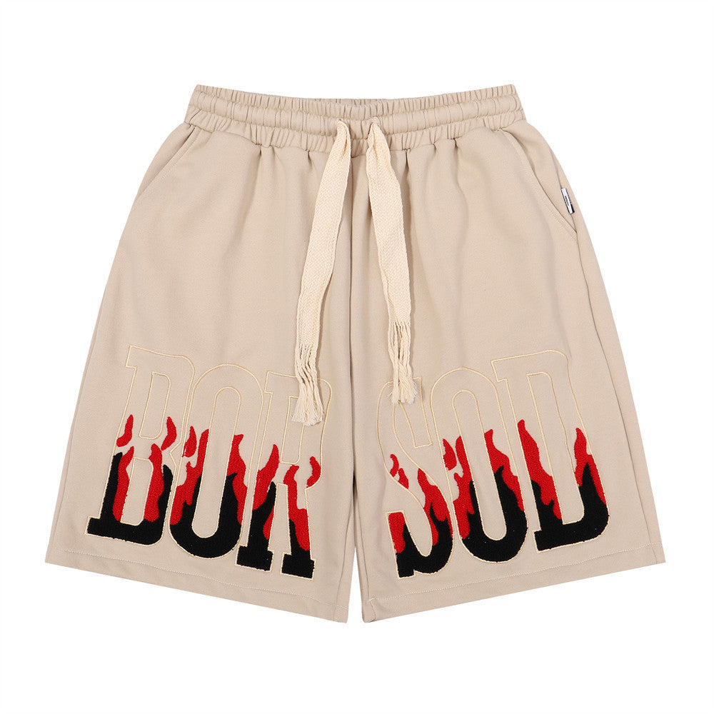 Men Shorts Flame Embroidery Sports Loose Leisure