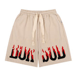 Men Shorts Flame Embroidery Sports Loose Leisure