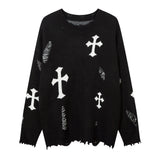 Men Sweater Cross Crocheted Ripped Sweater Loose