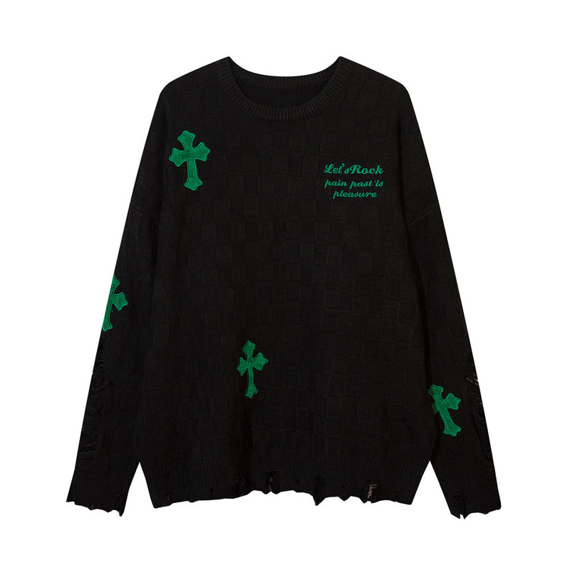 Men Sweater Cross Embroidered Ripped Plaid Jacquard Knitted Sweater