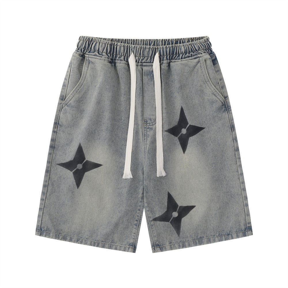 Men Shorts Shuriken Printed Denim Shorts