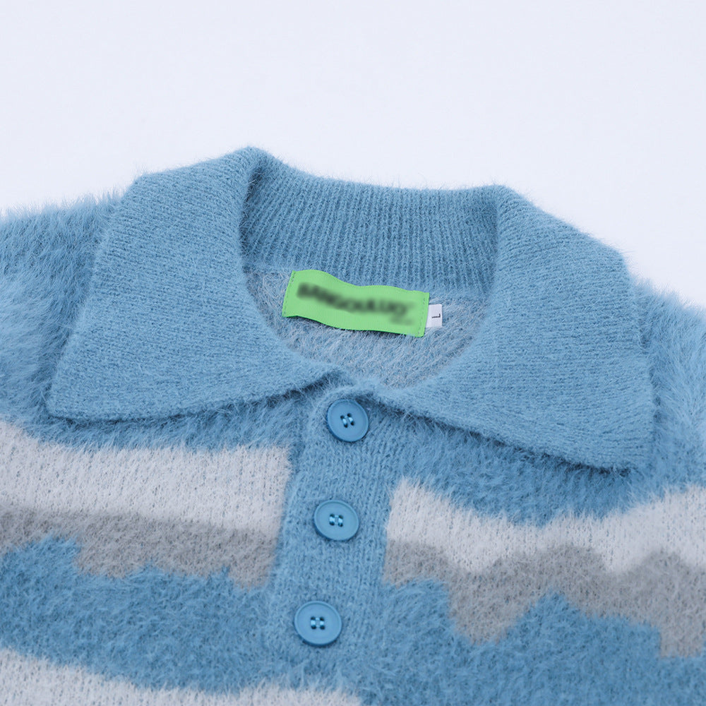 Men Sweater Stripes Lapel Knitwear Velvet