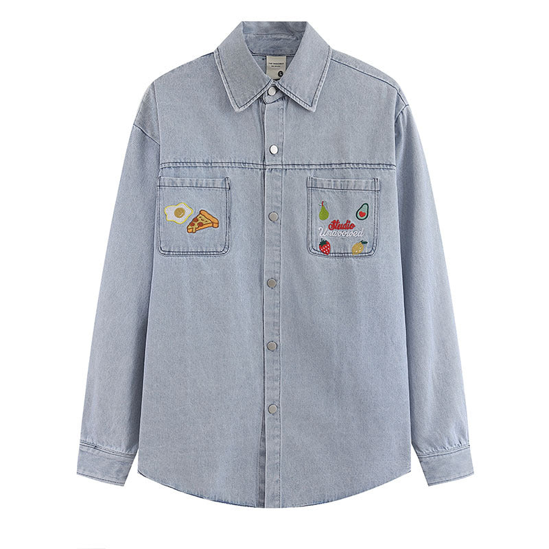Long Sleeve Shirt Retro College Style Embroidery Distressed