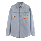 Long Sleeve Shirt Retro College Style Embroidery Distressed