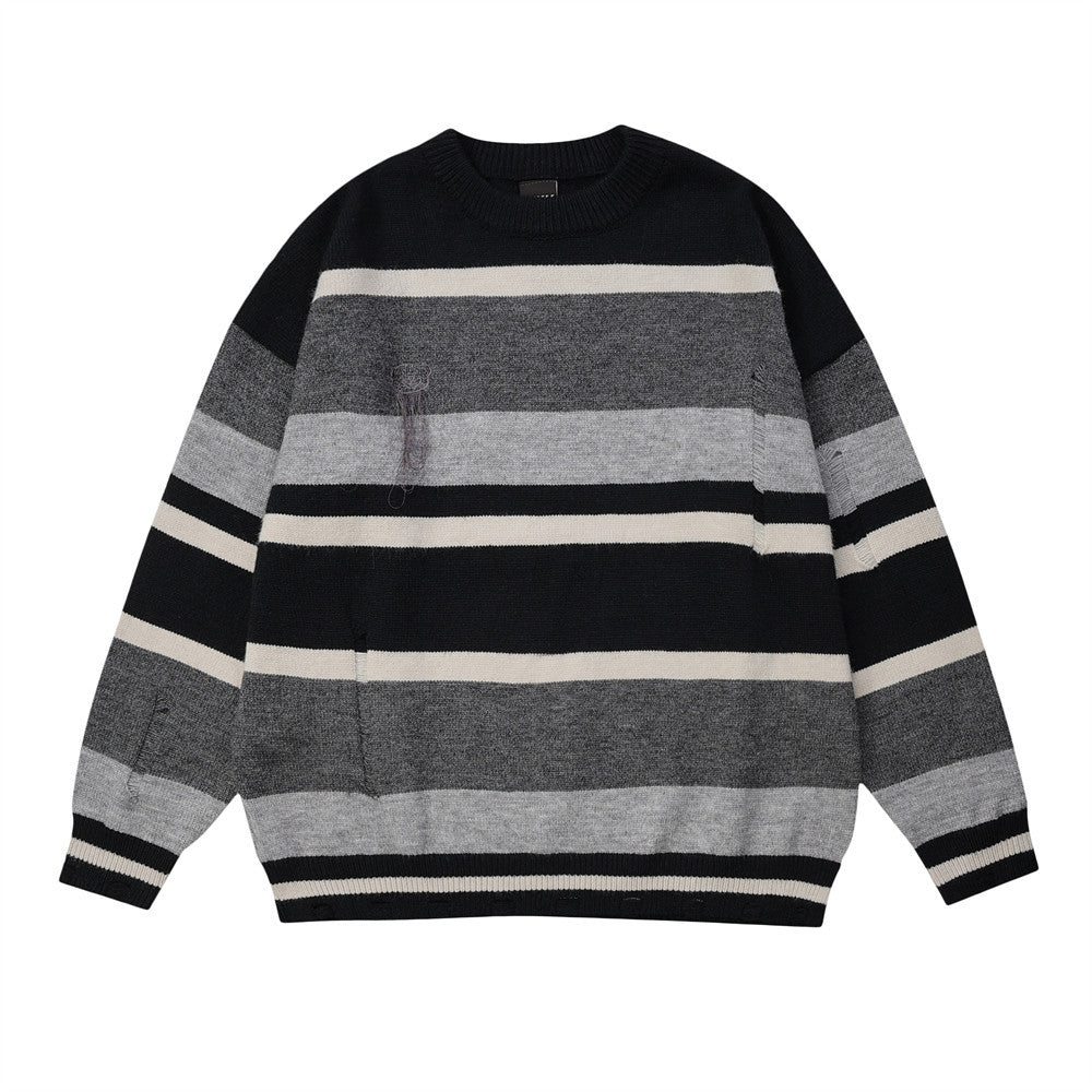 Men Sweater Striped Sweater Loose Leisure Ripped