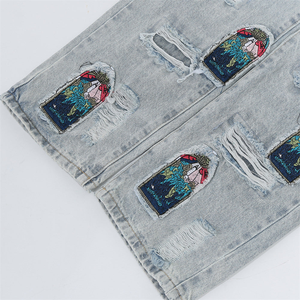 Men Jeans Embroidery Ripped Special Loose