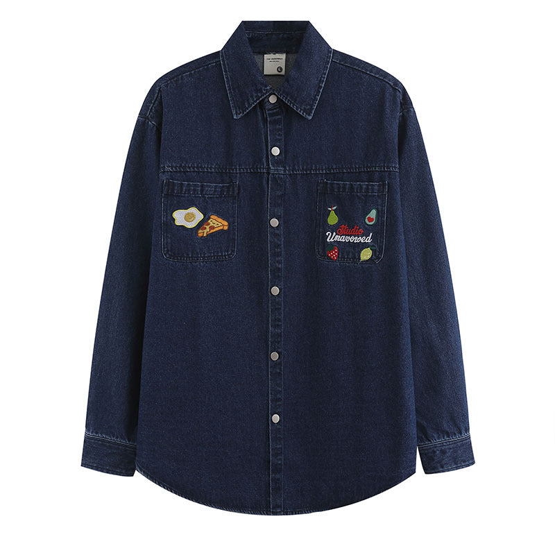 Long Sleeve Shirt Retro College Style Embroidery Distressed