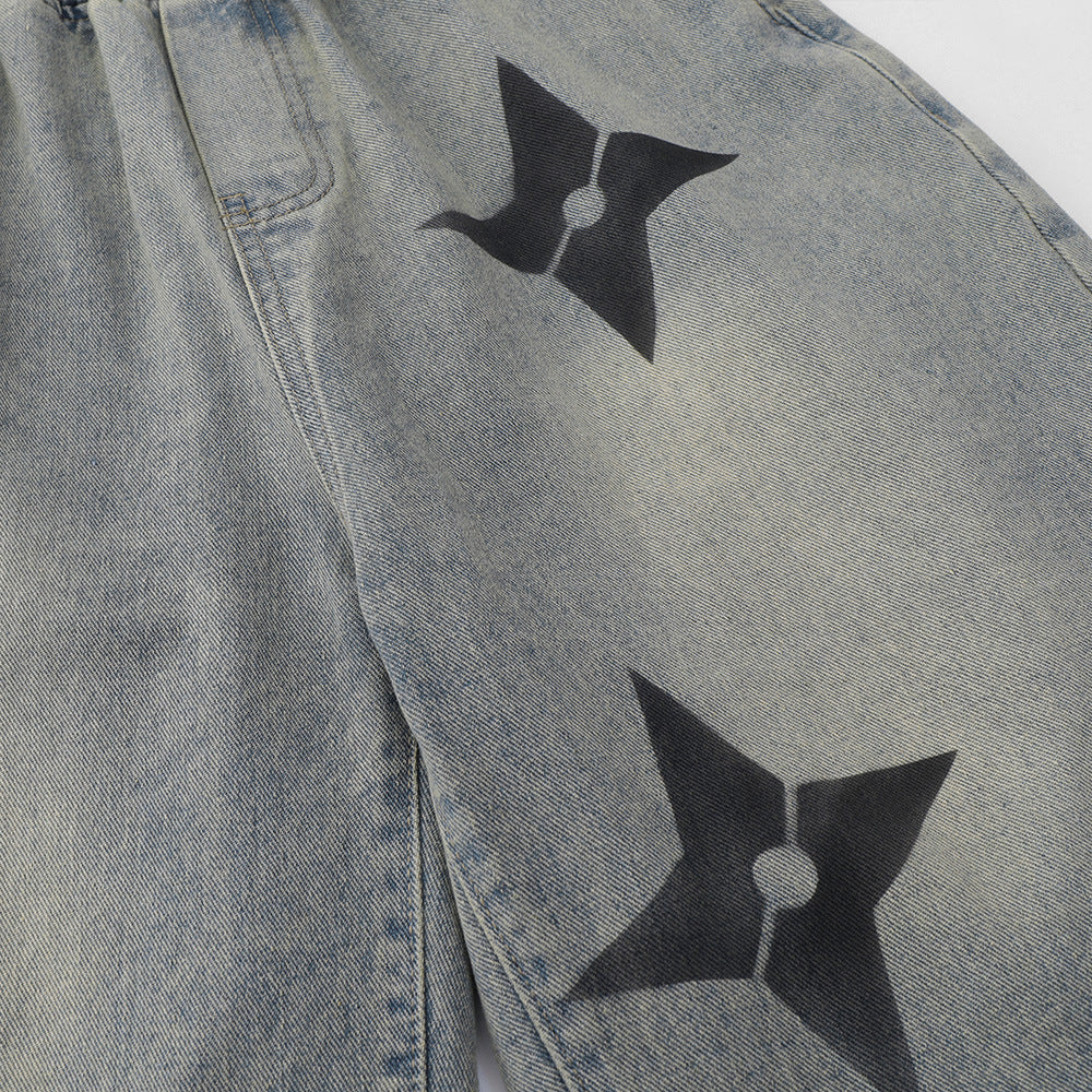 Men Shorts Shuriken Printed Denim Shorts