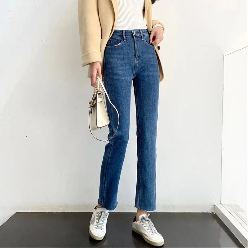Women Jeans Fleece-lined Slim-Fitting Ankle Length Trousers