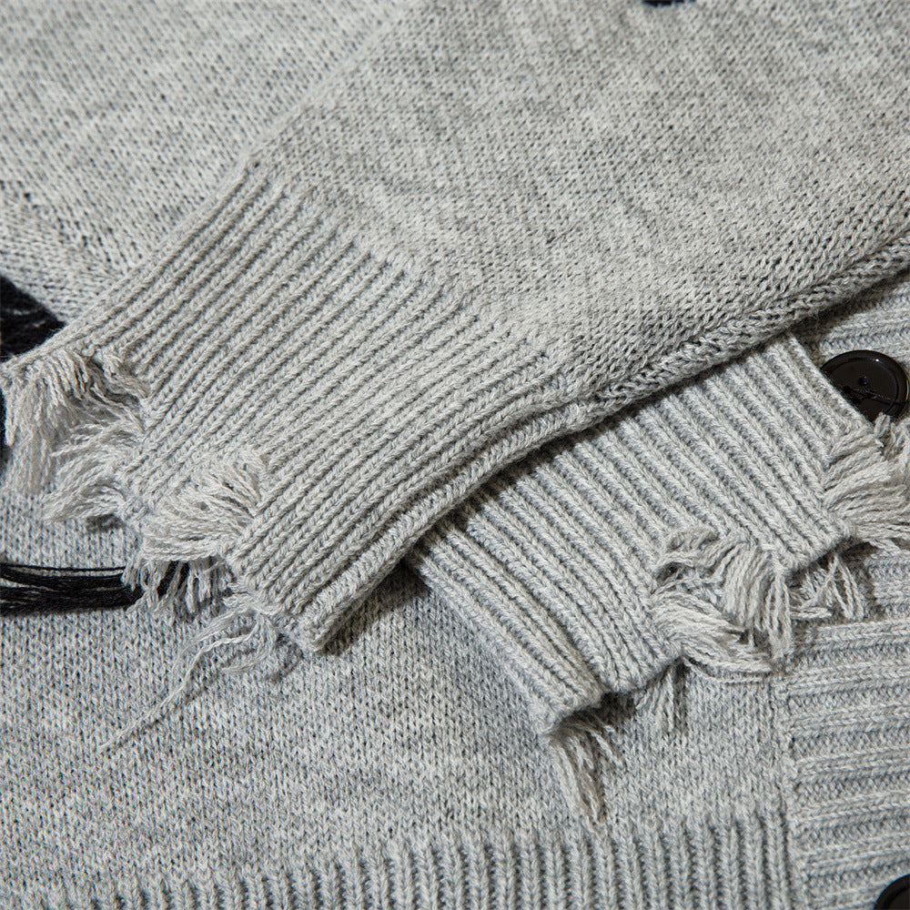 Men Sweater Idle Style V-neck Cardigan Sweater Butterfly Jacquard Ripped