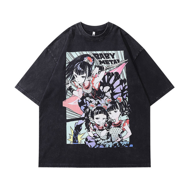 Men T-Shirt Retro Cartoon Printed Small Neckline