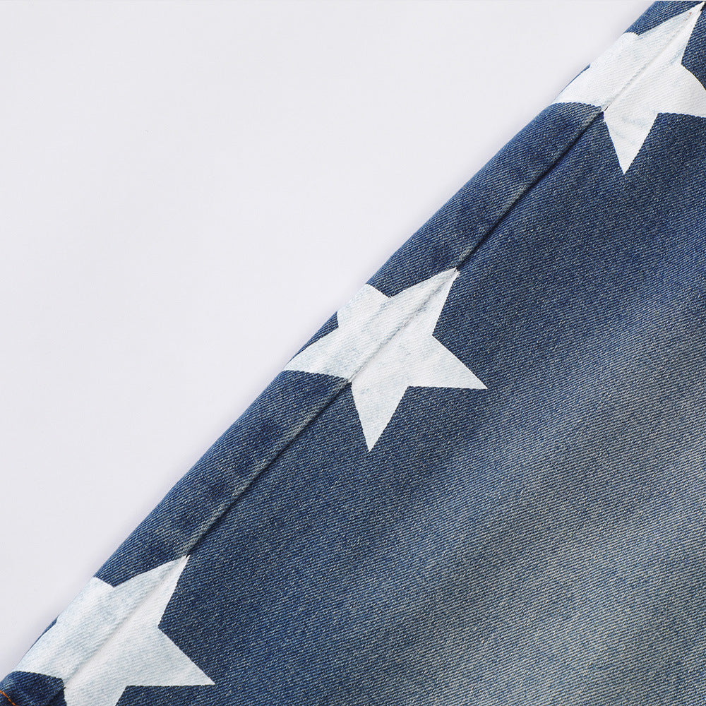 Men Shorts XINGX Printed Denim Shorts Loose Wash Brushed White