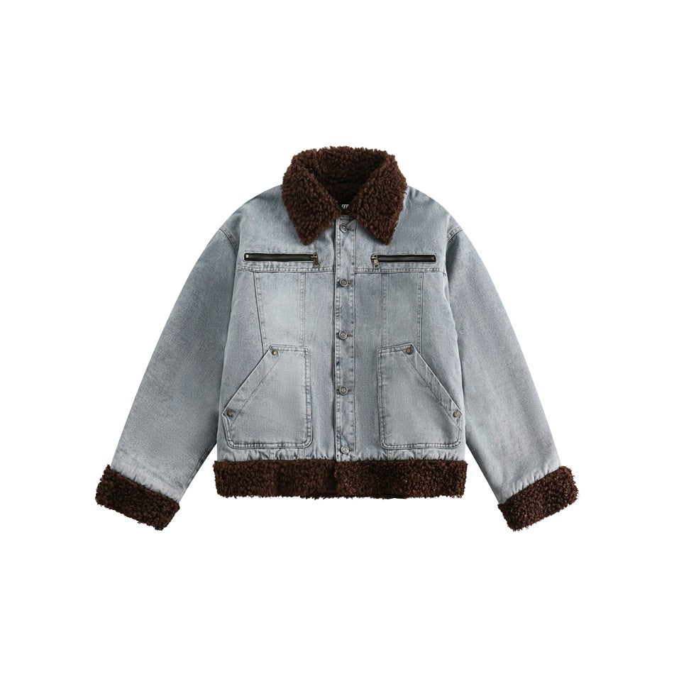 Unisex Coat Lamb Wool Patchwork Denim Jacket