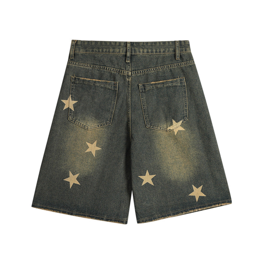 Men Shorts Baggy Denim Shorts Five-Pointed Star Printing Wash White