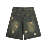 Men Shorts Baggy Denim Shorts Five-Pointed Star Printing Wash White