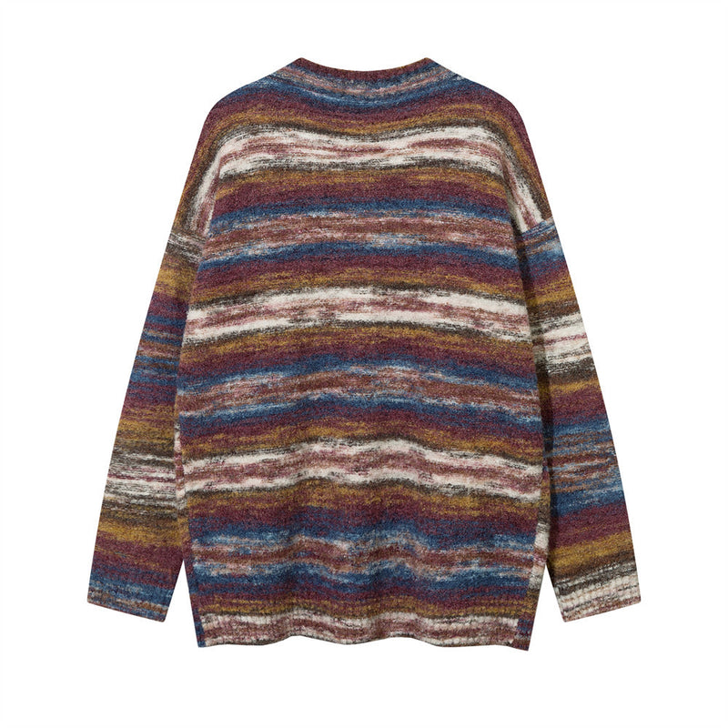 Men Sweater Striped Yarn-Dyed V-neck Cardigan Sweater Couple